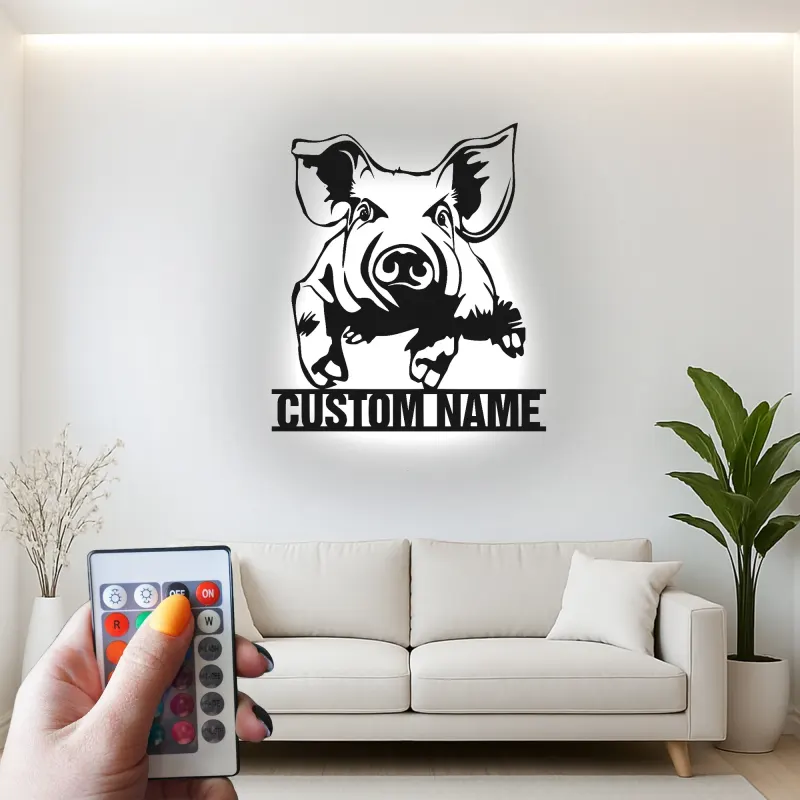 Cartel de cerdo personalizado | Arte mural de metal LED | Decoración de granja moderna | Regalo para amantes de cerdos para guardería y cocina