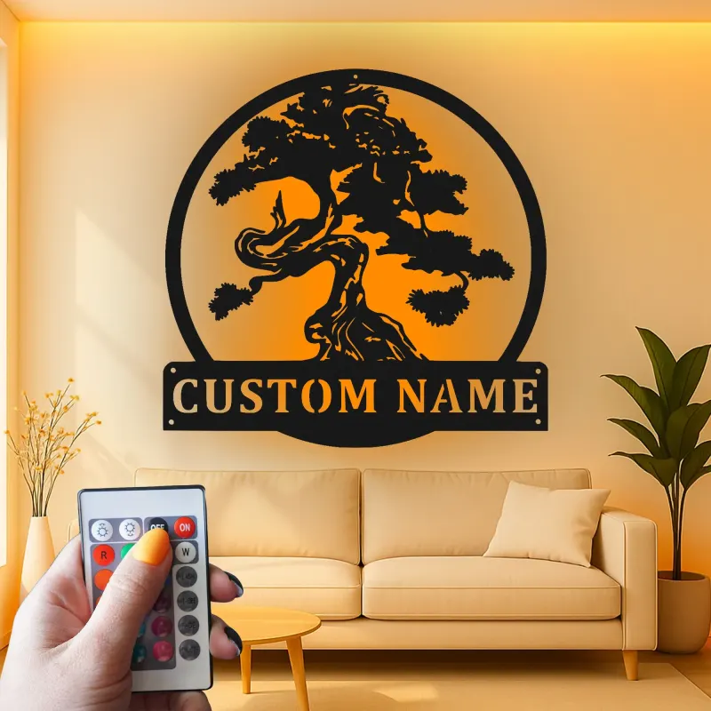 Cartel de metal personalizado con luz LED de árbol bonsái para regalo zen para hogar, decoración de sala de estar tranquila
