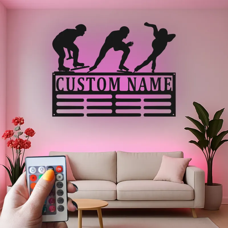 Individuelle LED Metall-Wandkunst für Eisschnelllauf | Personalisierte Silhouette eines Eiskunstläufers & Medaillenhalter | Geschenk für Sportler