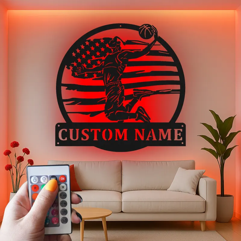 Décoration murale en métal personnalisée pour joueur de basketball avec rétroéclairage LED - Cadeau pour fans de sport