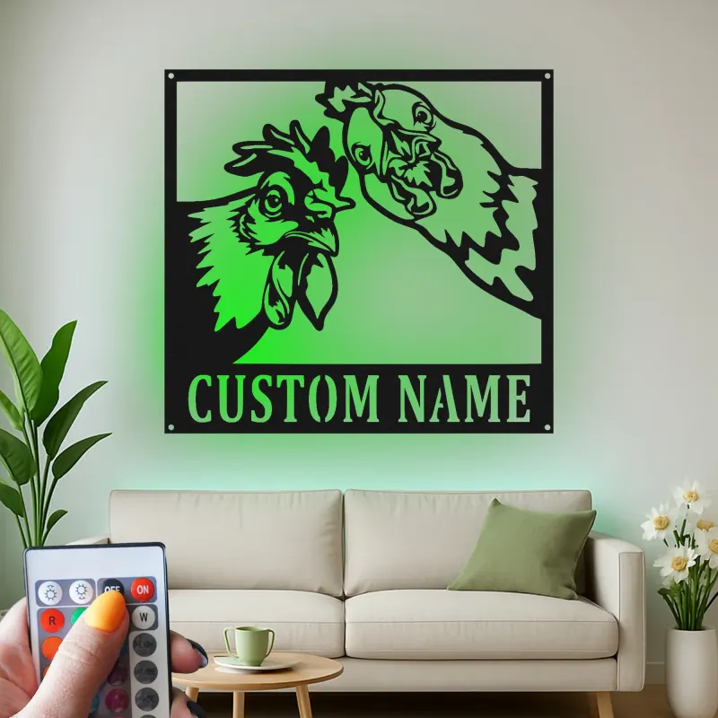 Insegna in metallo LED Duo Pollo Personalizzata Regalo per Cucina o Decorazione da Fattoria