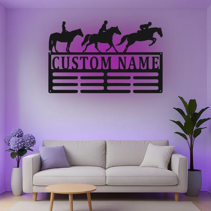 Décoration murale en métal personnalisée pour cavalier équestre avec rétroéclairage LED - Cadeau pour les amoureux des chevaux, décoration de stabulation ou de sellerie