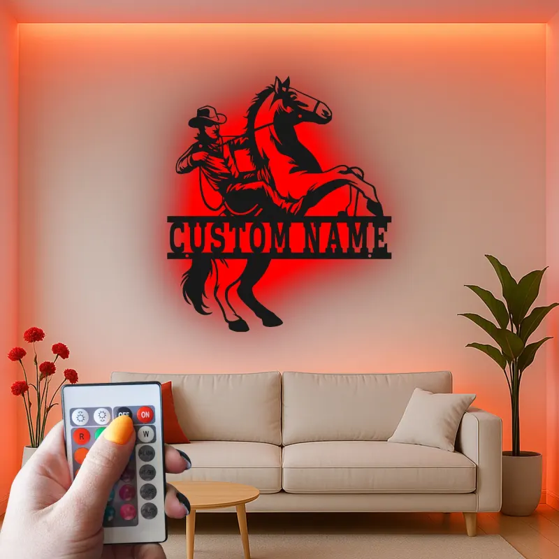 Insegna in metallo LED personalizzata con cowboy e cavallo - Regalo western per ranch o decorazione per man cave