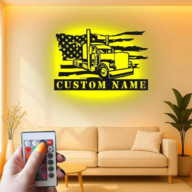 Personalisierte Semi-Truck LED Metall-Schild | Amerikanische Flagge Wandkunst | Individuelle Trucker Namensschild | Big Rig Garage & Man Cave Dekor