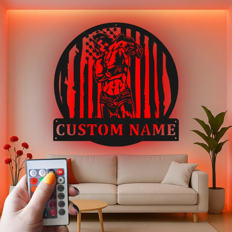 Cartel de metal personalizado con luz LED de culturista y bandera americana, regalo de fitness para entusiastas del gimnasio, decoración de gimnasio en casa