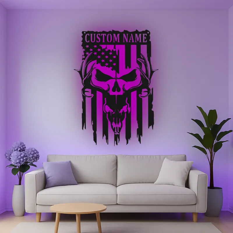 Insegna in metallo personalizzata con teschio di cervo e bandiera americana luce LED regalo per lui decorazione rustica per man cave