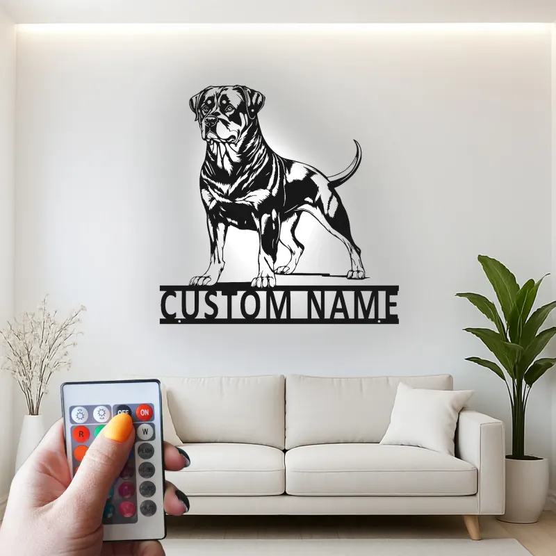 Rottweiler Custom Name Metal Sign | LED Light Pet Portrait Wall Art | Dog Lover Memorial Gift