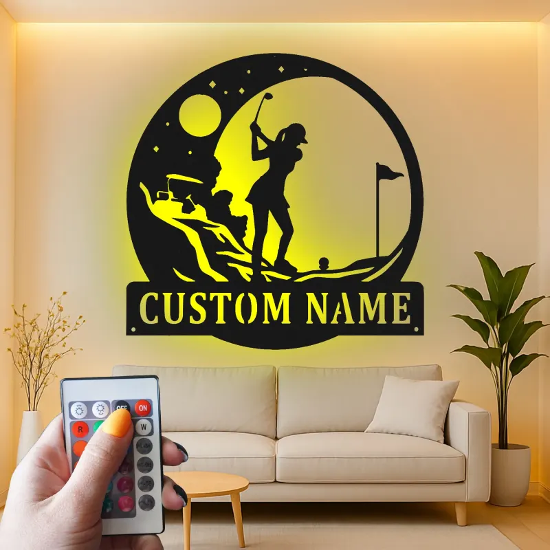 Personalized Golfer LED Sign | Custom Metal Wall Art for Home & Office | Golf Lover Gift