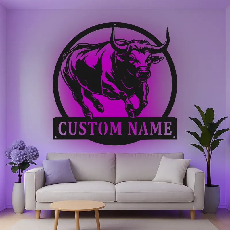 Personalisierte LED-beleuchtete Metall-Wandkunst mit Stier für Ranchbesitzer – Rustikaler Landhausstil