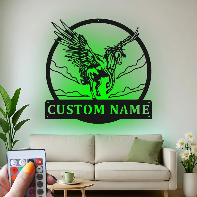 Pegasus LED Metal Wall Art | Custom Name Sign for Nursery & Bedroom | Personalized Flying Horse Fantasy Decor Gift