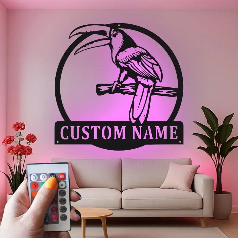 Toucan Metall-Wandkunst mit LED-Licht | Personalisierbares tropisches Vogelschild für Patio & Garten Dekor | Geschenk für Vogel-Liebhaber
