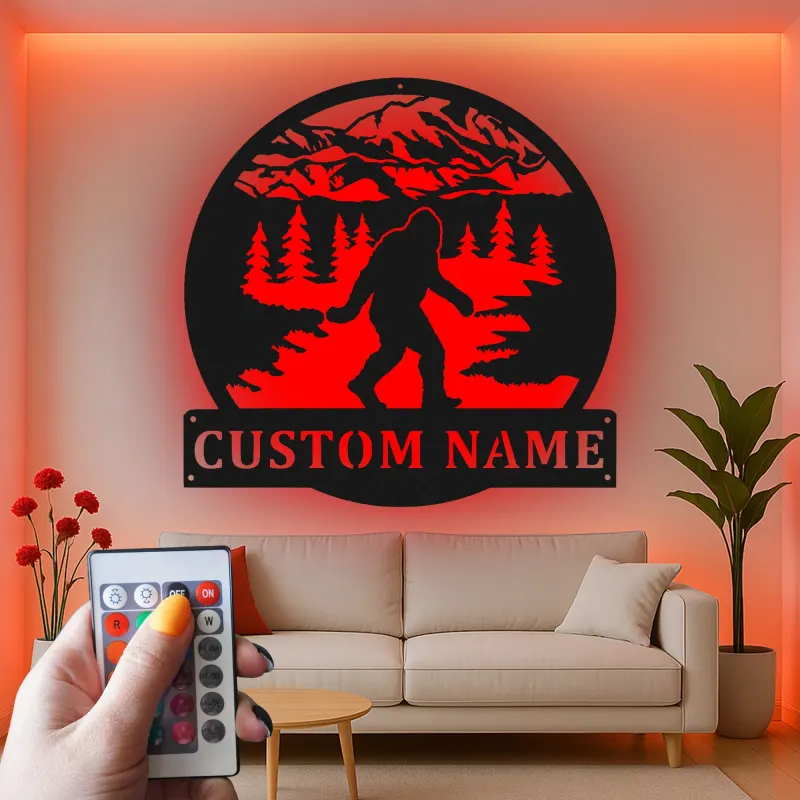 Custom Bigfoot Forest Led Light Metal Wall Art Unique Gift for Outdoor Enthusiasts Cabin or Man Cave Decor
