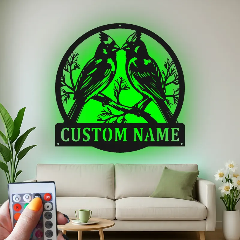 Personalisierte Kardinal-Paar LED-Metall-Wandkunst – Geschenk für Vogelliebhaber, für Schlafzimmer oder Wohnzimmer