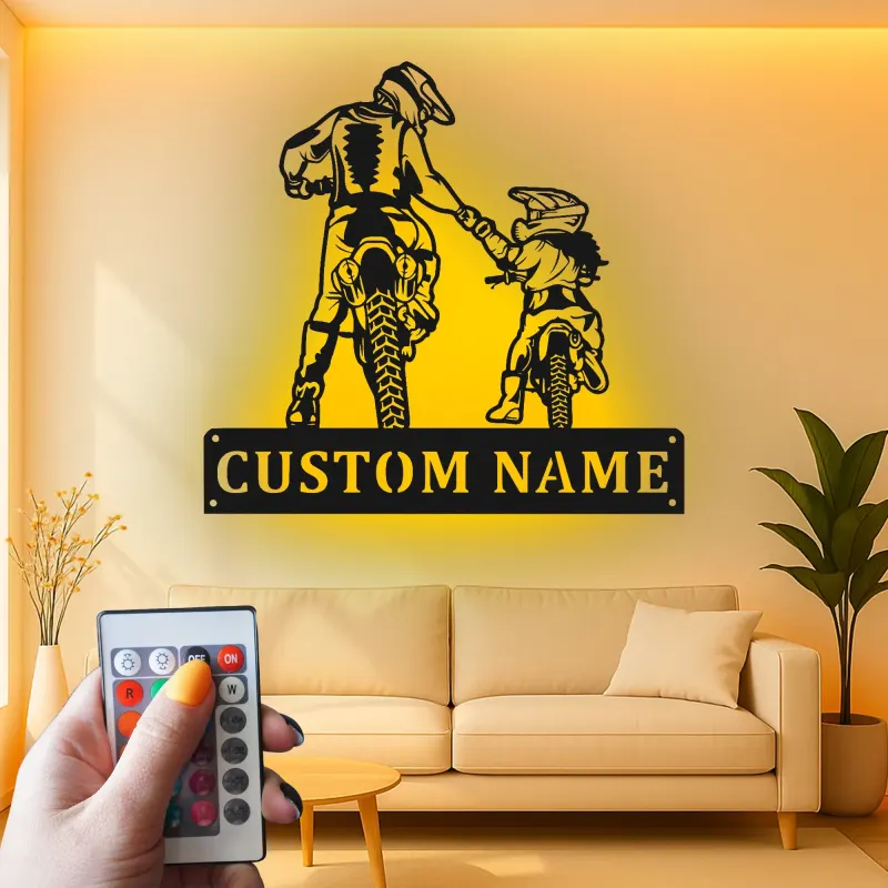 Personalisierte Motocross Vater und Kind LED Metall-Wandkunst – Geschenk für Papa, Garage oder Man Cave Dekor