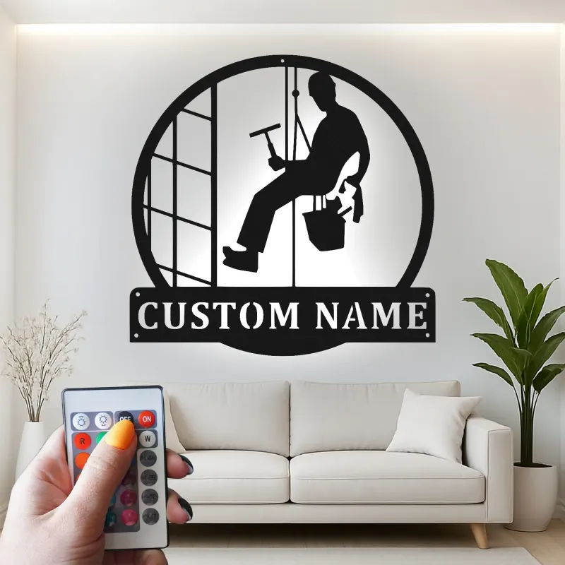 Décoration murale en métal personnalisée pour nettoyeurs de vitres avec rétroéclairage LED - Cadeau unique pour nettoyeurs - Décor mural de bureau