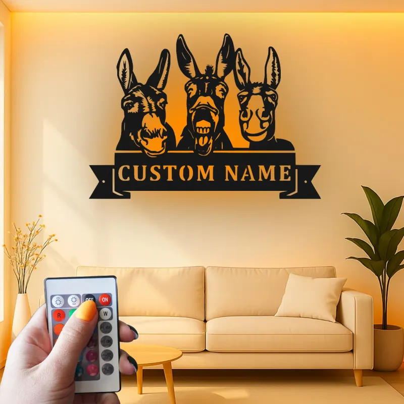 Insegna in metallo LED Donkey Trio Personalizzata Regalo per Fattoria Decorazione Casa Rustica