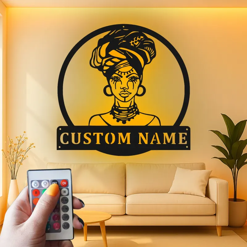 Insegna in metallo personalizzata con silhouette di donna africana e luce LED - Regalo unico per lei, decorazione per soggiorno o camera da letto