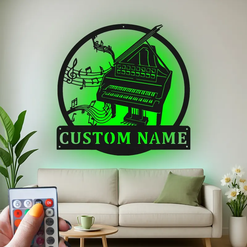 Panneau piano personnalisé avec LED | Décoration murale en métal sur mesure pour salle de musique | Déco silhouette piano à queue | Cadeau pour pianiste