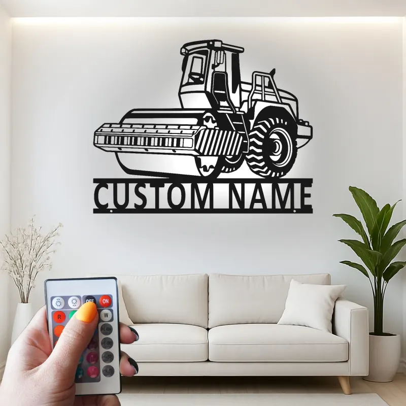 Arte mural de metal de rodillo de carretera | Cartel LED de construcción personalizado | Decoración de maquinaria pesada personalizada para regalo de contratista