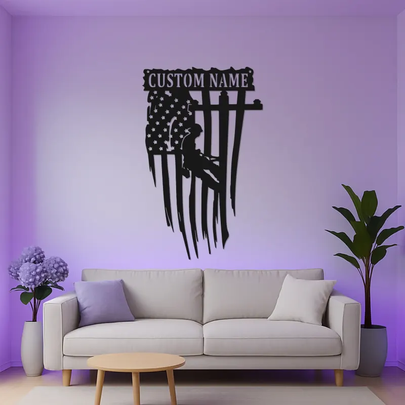Cartel de metal con bandera para liniero personalizado | Arte mural LED con bandera americana | Regalo personalizado para electricista | Decoración patriótica para trabajador de servicios públicos