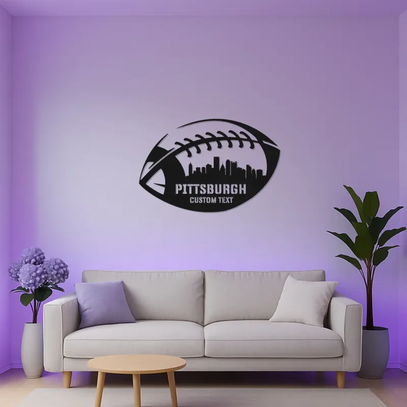 Décoration murale en métal football personnalisée | Enseigne LED personnalisée avec skyline de ville pour salle de jeux | Cadeau pour fan de sport