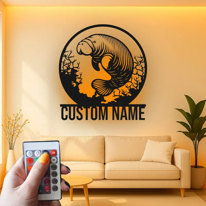 Arte da Parete Manatee in Metallo Personalizzata | Insegna LED per Mucca di Mare | Decorazione Nautica per Amanti dell'Oceano
