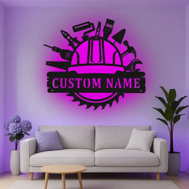 Cartel de metal personalizado con luz LED de herramientas de construcción, regalo personalizado para la decoración de talleres o garajes