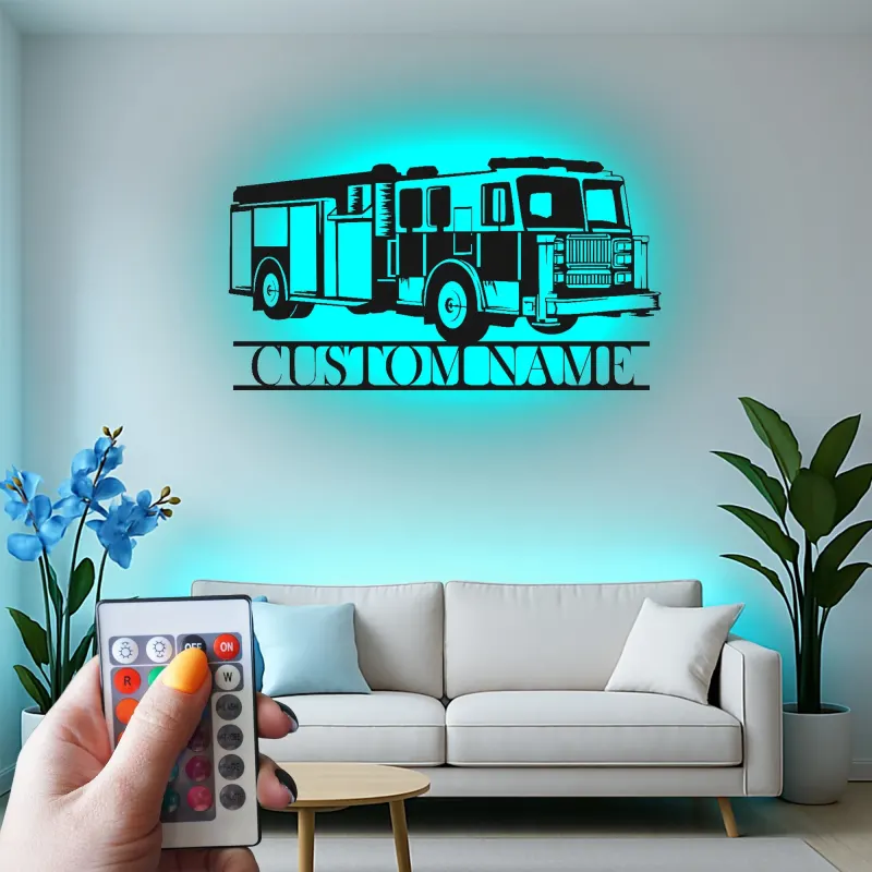 Insegna in metallo personalizzata con autopompa | Decorazione murale LED per vigili del fuoco | Decorazione su misura con nome per caserma | Regalo per pompiere