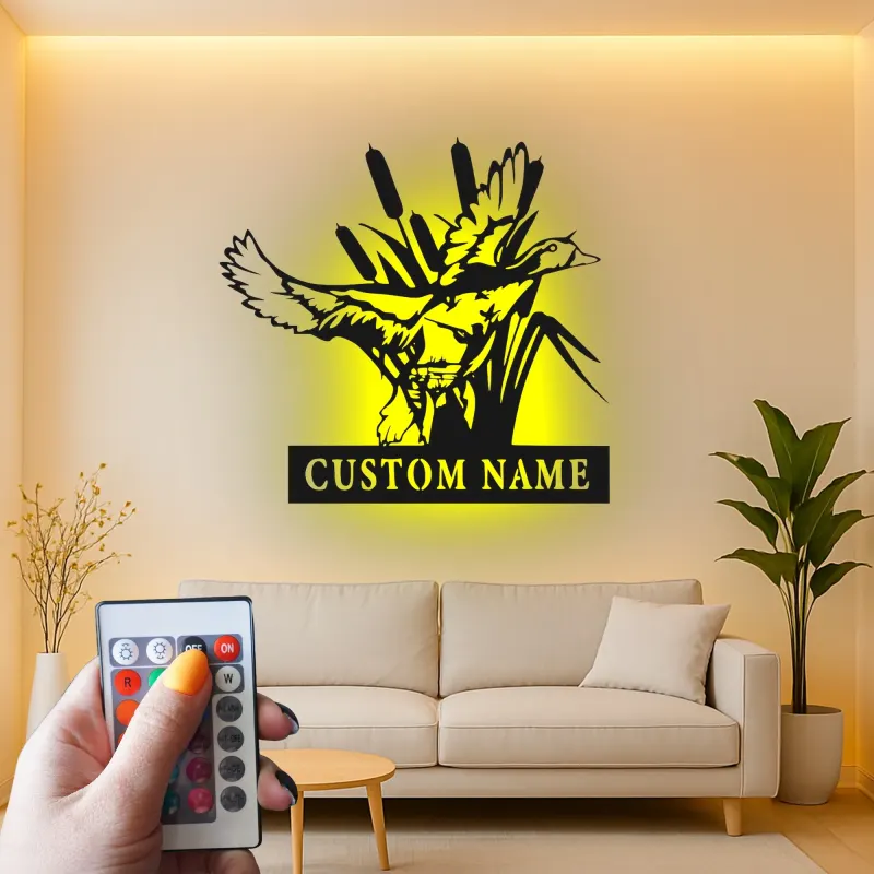 Décoration murale en métal personnalisée avec un canard dans des roseaux en rétroéclairage - Cadeau personnalisé pour les amoureux de la nature, décoration de cabane ou de chalet