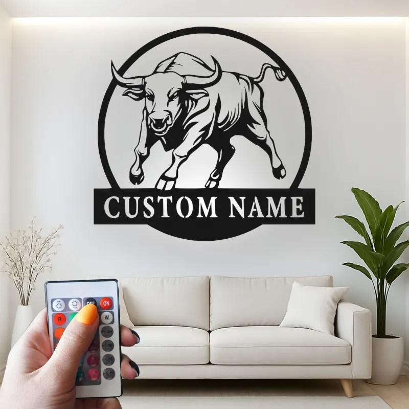 Décoration murale en métal personnalisée avec éclairage LED de taureau - Cadeau pour éleveurs - Décor de ferme rustique 1