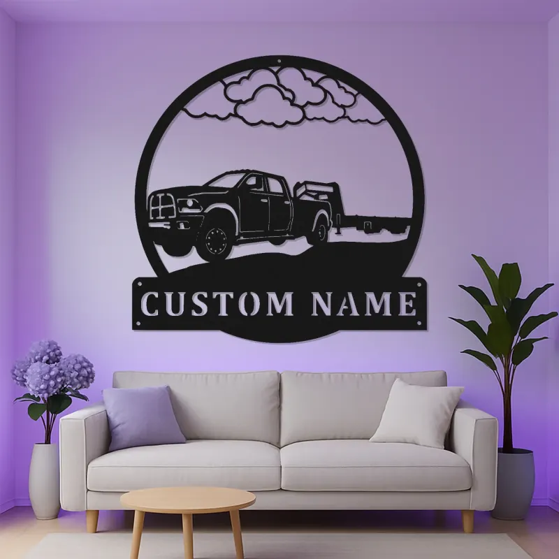Insegna LED in metallo con pickup personalizzato | Arte murale con rimorchio gooseneck | Decorazione garage con nome per lui | Regalo per camionisti