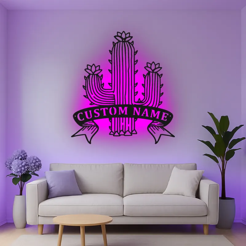 Insegna in metallo personalizzata con cactus e luce LED, regalo per amanti delle piante, decorazione per la casa in stile sud-ovest