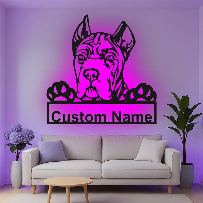 Décoration murale en métal personnalisée avec chien Boxer et rétroéclairage LED - Cadeau pour les amoureux des animaux, décoration pour salon ou espace pour animaux