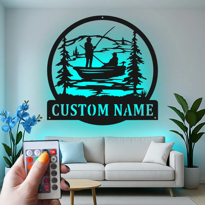 Custom Fishing Metal Wall Art with LED | Personalized Fisherman Name Sign for Lake House & Cabin Decor | Gift for Outdoorsman