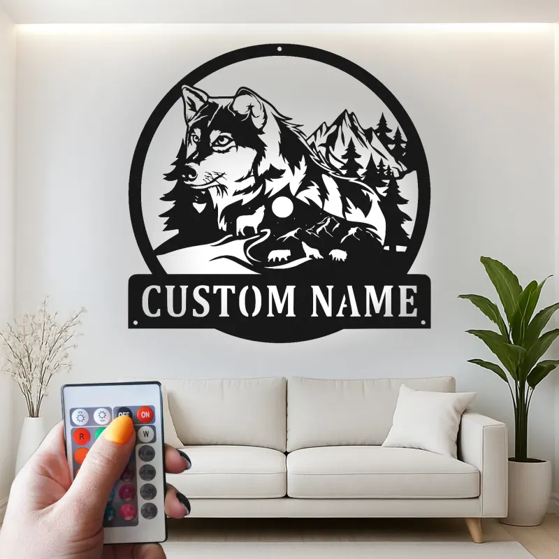 Custom Wolf Led Light Metal Wall Art Personalized Gift for Nature Lovers Rustic Cabin Decor