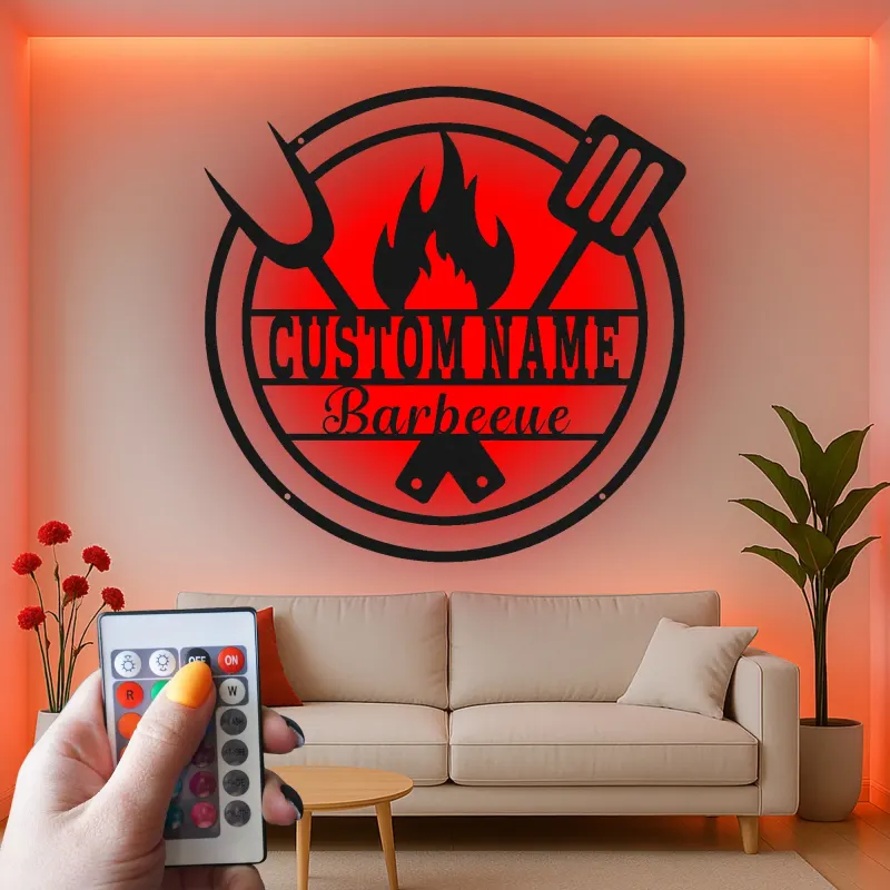 Insegna in metallo personalizzata per barbecue e luce LED regalo per maestro del grill decorazione per patio all'aperto