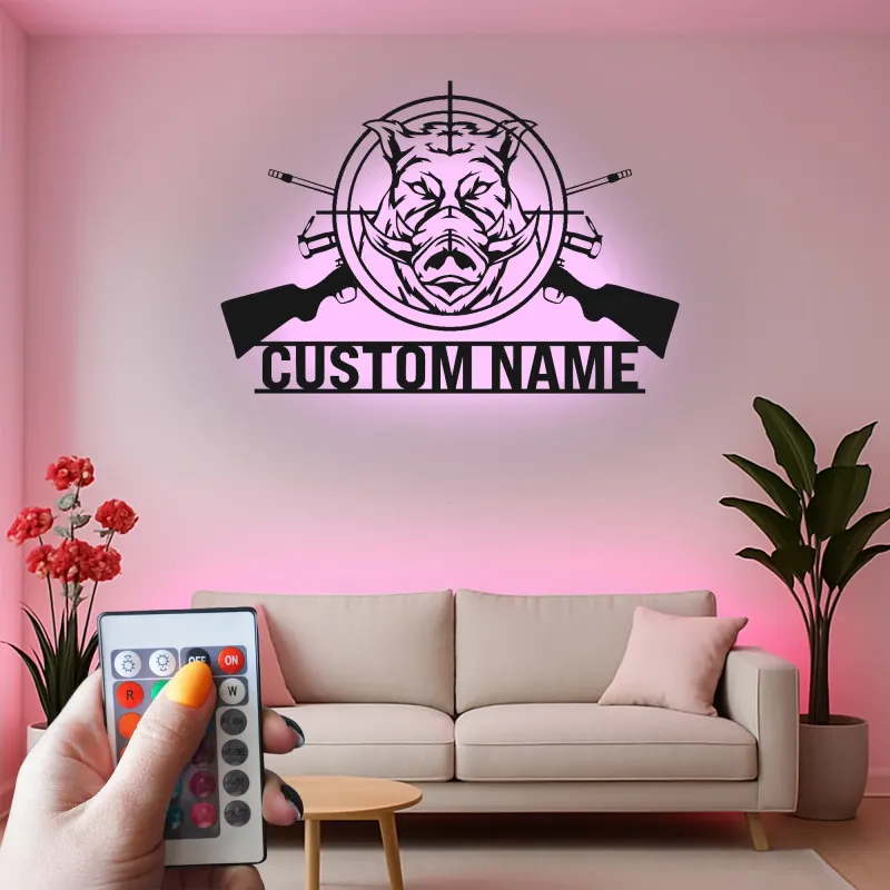 Personalized Wild Boar Hunting Sign | LED Metal Wall Art | Custom Hunter Name Decor for Cabin & Man Cave | Gift for Hunter