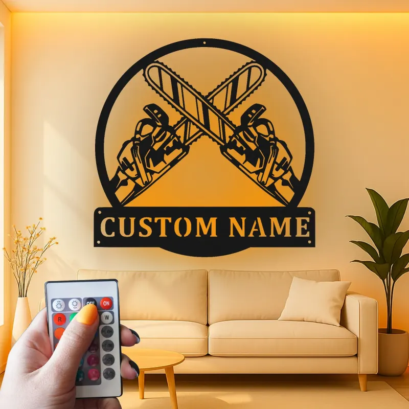 Personalisierte LED-Metall-Wandkunst mit Kettensäge – Geschenk für Holzfäller, Garage oder Werkstatt