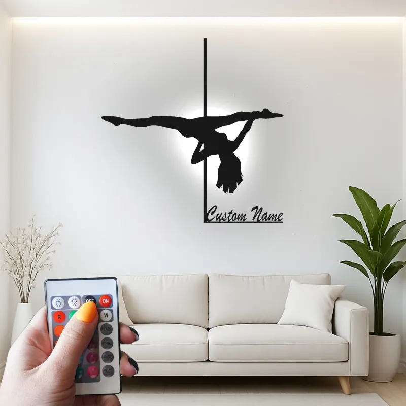 Custom Pole Dance Metal Sign | LED Name Art for Studio Decor | Personalized Dancer Gift | Gymnastics Wall Silhouette