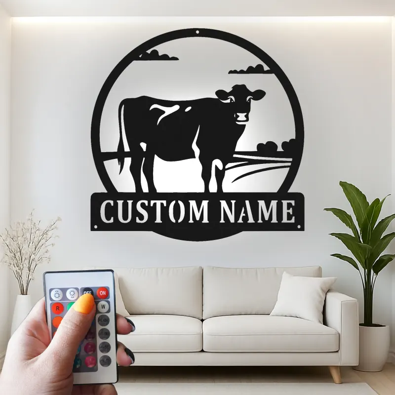 Décoration murale en métal LED personnalisée de vache - Cadeau de ferme rustique - Décor de grange pour amoureux des animaux