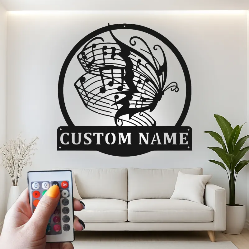 Insegna in metallo personalizzata con note musicali e farfalla luce LED regalo per amanti della musica decorazione per camera da letto o studio