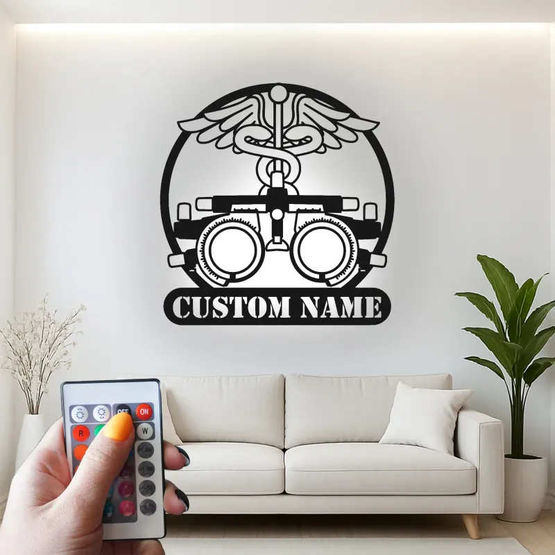 Panneau Optométriste Personnalisé | Décoration murale en métal Phoroptère | Décor de bureau d'ophtalmologiste avec lumière LED | Cadeau logo Caduceus