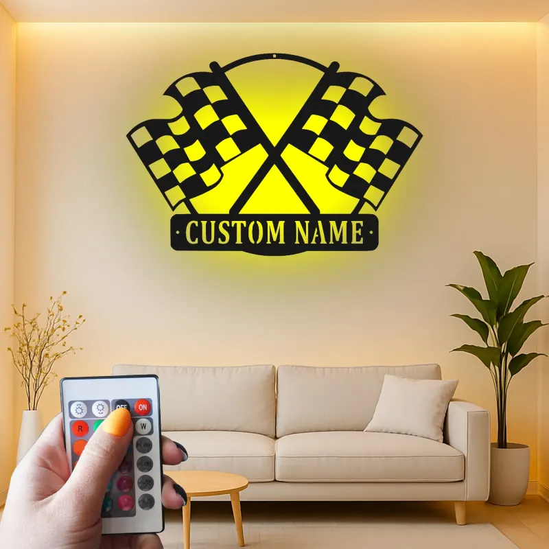 Insegna in metallo LED personalizzata con bandiere da corsa - Regalo per appassionati di auto, decorazione per garage o man cave 1