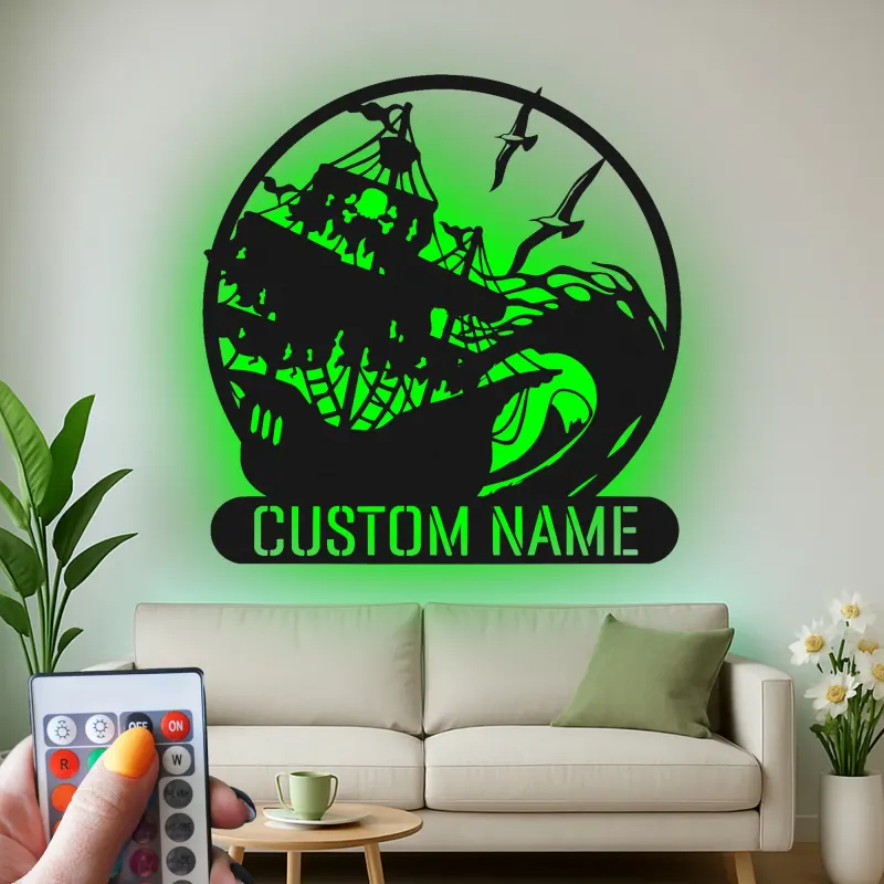 Décoration Murale en Métal de Navire Pirate | Plaque de Nom LED Personnalisée | Décor Nautique Vague Océan pour Bar à Domicile