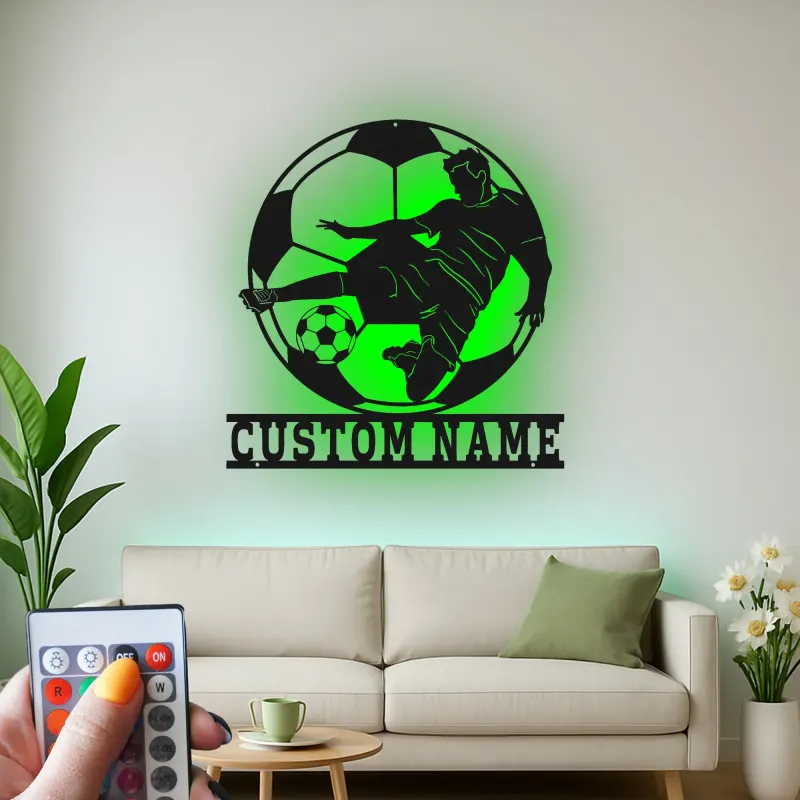 Cartel de Metal de Jugador de Fútbol Personalizado | Arte Mural LED Deportivo | Regalo con Nombre Personalizado para Atletas | Decoración de Habitación de Niños