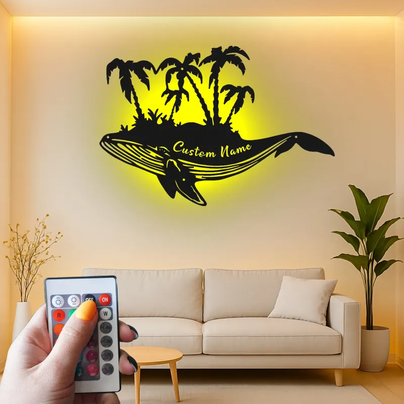 Décoration murale en métal personnalisée avec baleine et palmiers, lumière LED, cadeau unique pour les amoureux de l'océan, décoration de maison de plage