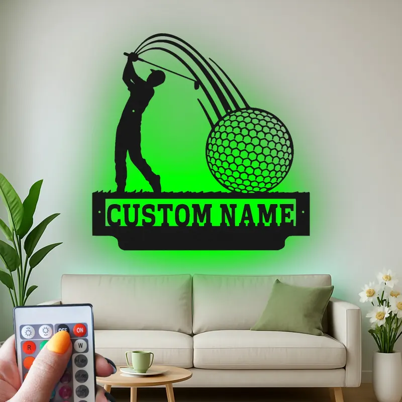 Insegna LED personalizzata da golf | Decorazione murale in metallo su misura per man cave | Targa con nome del golfista | Regalo per appassionati di golf