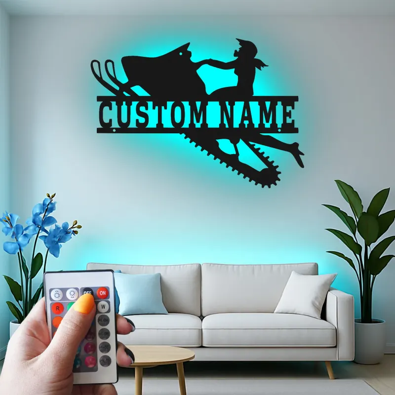 Insegna LED personalizzata per donna in motoslitta | Decorazione murale in metallo su misura | Regalo invernale per lei | Silhouette rider