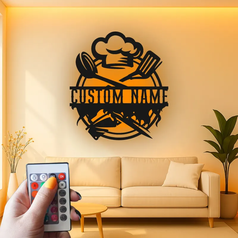 Personalisiertes Metall-Wandbild mit Kochmütze und LED-Beleuchtung – Küchen-Geschenk mit Namen