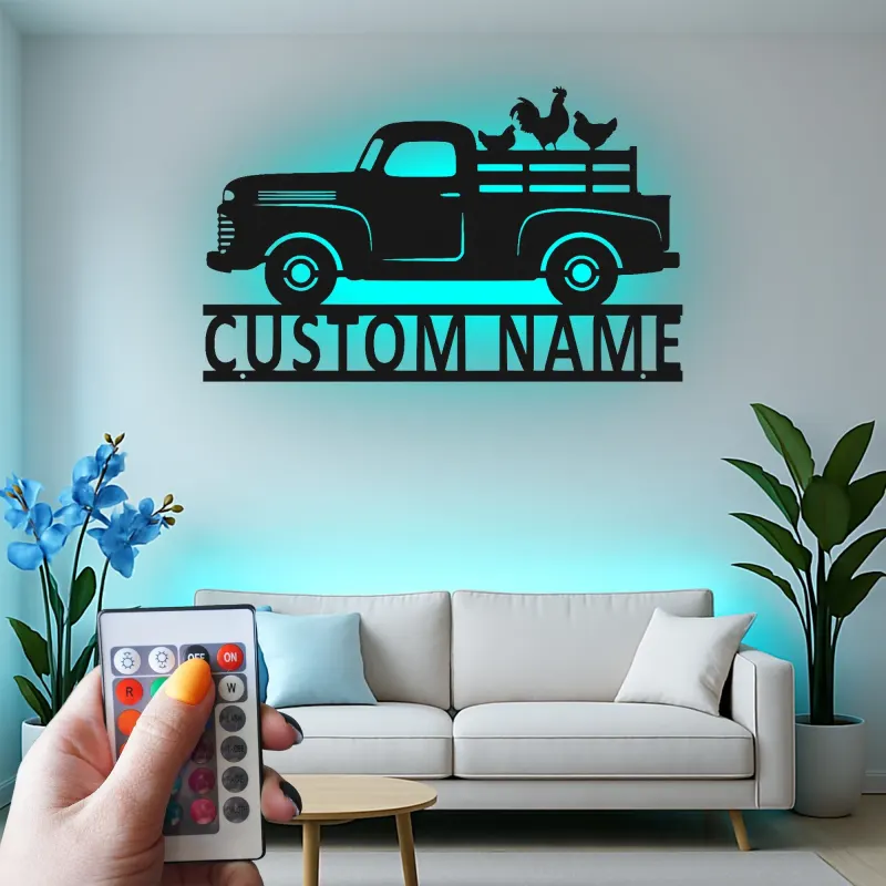 Personalisierte Farm-Truck-Metallschild | Individuelles LED-Wandkunst | Rustikale Bauernhaus- & Ranch-Dekoration | Vintage-Hühnertafel-Geschenk